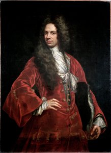 Portrét gentlemana v červeném kostýmu Obraz Giovanni Maria Delle Piane dit il Mulinaretto (1660-1745) Rozměr 132x97 cm Genes Musei di Strada Nuova (ex Palazzo Bianco)