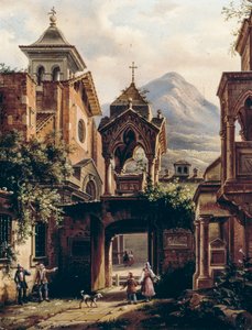 Exteriér starověkého opatství s osobami, Giovanni Migliara (1785-1837) (podepsán Teodolinda Migliara), olej na palubě od Giovanni Migliara