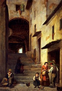 Pohled na ulici v Sestri Levante, Janovská riviéra, cca 1863, od Giovanniho Mochiho (1829-1893), olej na plátně, 40x30 cm.
