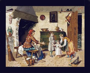 Obrazová deska zobrazující scénu interiéru chaty s matkou, dvěma mladými dívkami a nemluvnětem při prvních krůčcích, Florencie, cca 1900-10 (pietra dura) od Giovanni Montelatici