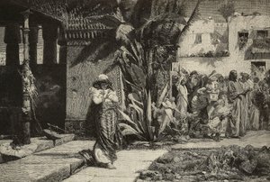 Magdalene, žena s turbanem a průvodem v blízkovýchodní vesnici, rytina bratří Cantagalli z obrazu Giovanniho Muzzioliho (1854-1894), Modena, Itálie z L
