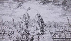 Ohňostroj na oslavu narození dauphina (syna Ludvíka XV.) vyrytý Jeanem Dumontem (Le Romain) (1701-81) 1730 (lept) od Giovanni Niccolo (after) Servandoni