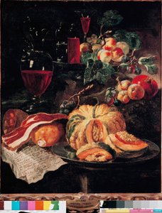 Zátiší Dýně, slanina, šunka, broskve a víno. Obraz Giovan Paolo Castelli dit Lo Spadino (1659-1730) 1703 Řím, Muzeum Conservatori capitolini od Giovanni Paolo Castelli