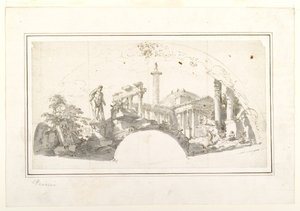 Návrh pro vějíř: Capriccio s římskými ruinami a Farnese Herculesem od Giovanni Paolo Panini