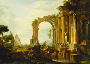 Capriccio klasických ruin s Cestiovou pyramidou a postavami v krajině, od Giovanni Paolo Pannini