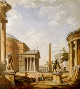 Capriccio římských ruin s Pantheonem (olej na plátně) od Giovanni Paolo Pannini