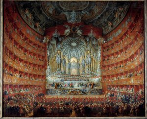 Koncert v divadle Argentina v Římě 15. července 1747 u příležitosti sňatku delfína Ludvíka de France (1729-1765), syna Ludvíka XV., s Marií Josefou Saskou. Obraz Giovanni Paolo Pannini (Panini) (1691-1765) od Giovanni Paolo Pannini