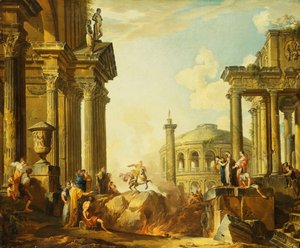 Marcus Curtius skočí do propasti, Capriccia s Trajánovým sloupem a dalšími klasickými budovami za ním, od Giovanni Paolo Pannini