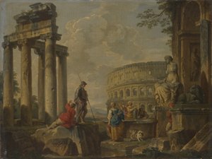 Koloseum mezi římskými ruinami, kolem roku 1730