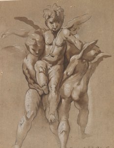 Dva Putti nesoucí třetí Putti (recto); Mládež s holí (verze)