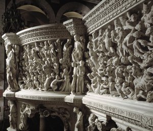 Detail židle realizovaný Giovanni Pisano (1248-1314): Kristus soudce mezi vyvolenými a zatracenými (Detail reliéfů mramorové kazatelny, Kristus mezi vyvolenými a zatracenými dušemi) 1302-1311 Cathedrale of Pisa (Duomo di Pisa), Itálie od Giovanni Pisano
