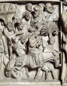 Detail reliéfů Židle realizovaný Giovanni Pisano (1248-1314): Detail reliéfů mramorové kazatelny, let do Egypta 1302-1311 Cathedrale de Pisa (Duomo di Pisa), Itálie od Giovanni Pisano