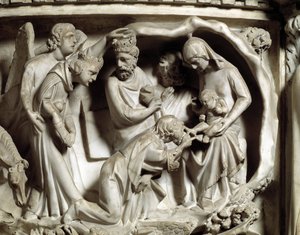 Detail reliéfů Židle realizovaný Giovanni Pisano (1248-1314): Detail reliéfů mramorové kazatelny, klanění mágů 1302-1311 Cathedrale of Pisa (Duomo di Pisa), Itálie od Giovanni Pisano