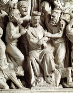 Detail reliéfů Židle realizovaný Giovanni Pisano (1248-1314): Detail reliéfů mramorové kazatelny, Ježíš zesměšněn 1302-1311 Cathedrale of Pisa (Duomo di Pisa), Itálie od Giovanni Pisano
