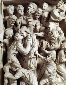 Detail reliéfů Židle realizovaný Giovanni Pisano (1248-1314): Polibek Jidáše (Detail reliéfů mramorové kazatelny, Jidášův polibek) 1302-1311 Cathedrale of Pisa (Duomo di Pisa), Itálie