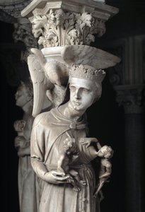 Detail sochařských skupin podpírajících židli realizované Giovanni Pisano (1248-1314): Církev živí své děti (Detail soch podporujících mramorovou kazatelnu, Církev krmí své děti) 1302-1311 Cathedrale de Pisa (Duomo di Pis od Giovanni Pisano