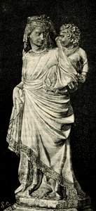 Madonna ja lapsi, patsas Giovanni Pisano (noin 1240-noin 1320), Praton katedraali, Toscana, Italia, puupiirros Le cento citta d