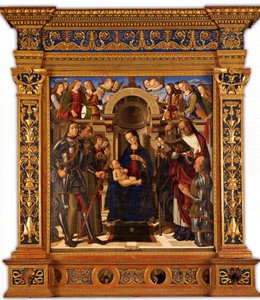Pala Oliva. Madona s dítětem na trůn mezi svatými Jiřím, Františkem z Assisi…, 1489.