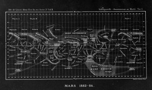 Mapa planety Mars od Giovanniho Virginia Schiaparelliho (1835-1910), astrofyzika. Pozoroval přímočaré konfigurace na planetě Mars, kterou nazval marťanskými kanály (canali). 1883-1884