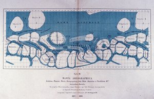 Mapa planety Mars od Giovanniho Virginia Schiaparelliho (1835-1910), astrofyzika. Pozoroval přímočaré konfigurace na planetě Mars, kterou nazval marťanskými kanály (canali). 1877-1878