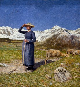 Poledne v Alpách Bergere chránící oči před sluncem. Obraz Giovanni Segantini (1858-1899) 1891 Sun. 7,5x71,57 cm Kolekce O. Fischebacher