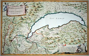 Ženevské jezero, z dvousvazkové městské knihy Savojska a Piemontu, vyryté Joannesem de Broen (1649-c.1730) od Giovanni Tommaso (after) Borgionio