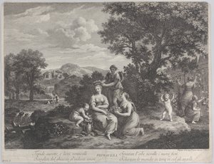 Primavera, skupina žen, které sbírají květiny a vyrábějí z nich koruny, ca. 1764.