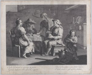 Tři lidé sedící kolem stolu vlevo, zatímco muž přináší prázdný talíř..., 1760-70. od Giovanni Volpato