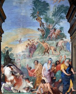 Múzy a básníci loví Parnas (múzy a básníci vyhnaní z Parnasu) Detail fresky od Giovanni da San Giovanni (1592-1636) 1634-1642 Museo degli argenti, Palazzo Pitti, Florencie od Giovanni da San Giovanni