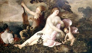 Alegorie benátského vítězství, ústřední postava štěstí nebo náhody doprovázená postavami symbolizujícími přírodu a hudbu, kolem roku 1518