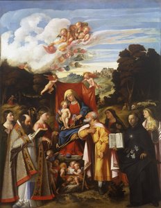 Madona trůnící s anděly, sv. Apollonie, sv. Augustin, sv. Kateřina, sv. Josef, sv. Grata, sv. Filip Benizzi a sv. Barbora (oltář sv. Gottharda) od Giovanni de Busi Cariani