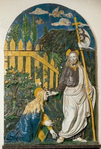 Noli me tangere Ježíš Kristus drží bílou vlajku (standard) udeřenou červeným křížem a jeho aureola je označena křížem. Keramické reliéfní punčochy od Giovanni della Robbia (1469-1529) Florencie, Museo Nazionale del Bargello