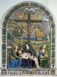 Uložení (Pieta) Ježíše Krista a Panny Marie obklopené svatým Janem a svatou Marií Magdalenou před křížem s nápisem INRI (I.N.R.I.). Keramika s nízkým reliéfem od Giovanni della Robbia (1469-1529) Dim. 3x2,28 m Florencie, Museo Nazionale
