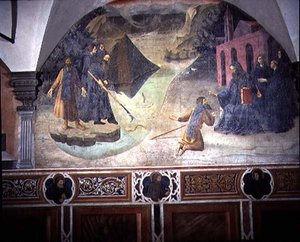 Svatý Benedikt Vyzvedávání dřevorubecké sekery z jezera, detail z cyklu fresek Život sv. Benedikta z Chiostro degli Aranci (Klášter pomerančů) cca 1430 (freska) od Giovanni di Consalvo (attr. to)
