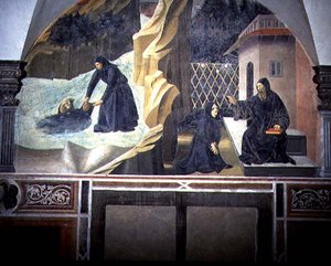 Svatý Benedikt posílá Maura, aby zachránil tonoucího Placiduse z jezera, detail z cyklu fresek Život sv. Benedikta z Chiostro degli Aranci (Klášter pomerančů) kolem 30. let 14. století (freska) od Giovanni di Consalvo (attr. to)