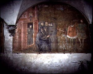 Svatý Benedikt a posel od krále Totily, detail z cyklu fresek Život sv. Benedikta z Chiostro degli Aranci (Klášter pomerančů) kolem 30. let 14. století (freska) od Giovanni di Consalvo (attr. to)