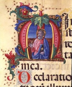 Ms 542 f.31r Historická iniciála „H“ zobrazující mužského světce z žaltáře napsaného Donem Appianem z kostela Badia Fiorentina, Florencie od Giovanni di Guiliano Boccardi