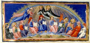 Paradiso, Canto X. Beatrice a Dante se vznášejí vedle nebes Slunce a setkávají se s těmi, kdo se vyznačují svou moudrostí. Vítá je sv. Tomáš Akvinský s Albertem Magnusem. Níže sedí deset zástupců moudrosti; Bede, sv. Ambrož, Isidor ze Sev od Giovanni di Paolo