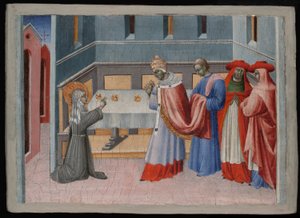 Svatá Klára z Assisi žehnání chleba před papežem Inocencem IV od Giovanni di Paolo