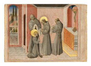 Investitura svaté Kláry: světice přebírající oděv svého řádu od svatého Františka, kolem 1389-1482 (tempera a zlato na panelu) od Giovanni di Paolo