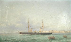 Bitevní loď HMS Inflexible vyplouvá na moře z přístavu Grand Harbour ve Valettě od Girolamo Gianni