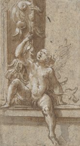 Putto sedící na rámu, ca. 1538-40. od Girolamo Mazzola Bedoli