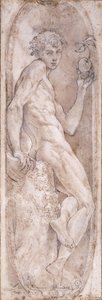 Adam drží jablko, sedící, v medailonu, kolem 1547-1553