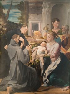 Svatá rodina se svatým Antonínem Paduánským, svatým Františkem z Assisi a svatým Janem evangelistou, Girolamo Mazzola Bedoli