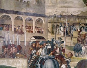 Turnaj na počest Kristiána I. Dánského v Castello di Malpaga, detail z levé strany, 1520-30 od Girolamo Romanino