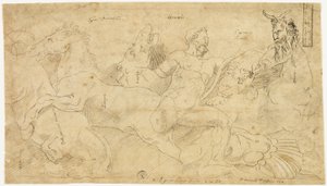 Antický reliéf s Herkulem a Diomédovými klisnami (recto); dvě skici: Satyr s drapérií a okřídlená ženská postava (verso)