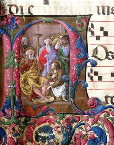 Zdobený dopis zobrazující Krista myjícího nohy, Miniatura od Girolama da Cremona (činný kolem 1451-1483) a Liberale da Verona (1445-1529) z chóru (Cod. 22/7. c.37) z katedrály v Sieně. Katedrála (Duomo) z 15. století v Sieně, Itálie