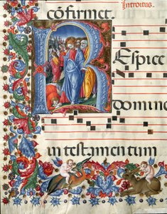 Decoree lettrine zobrazující miniaturu Krista a malomocného od Girolama da Cremona (činný kolem 1451-1483) a Liberale da Verona (1445-1529) z chóru (Cod. 19/4. c.26.) z katedrály v Sieně. Katedrála (Duomo) z 15. století v Sieně, Itálie