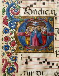 Holubice Ducha svatého se zjevuje Panně Marii a apoštolům. Miniatura od Girolama da Cremona (činného kolem let 1451-1483) z chóru (Cod. 10/L. c.32v) ze sienské katedrály. Katedrála (Duomo) v Sieně, Itálie, 15. stol.