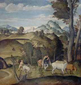 Mladý Merkur krade dobytek Apollónovu stádu od Girolamo da Santacroce (ca.1480 1556) (attributed to)